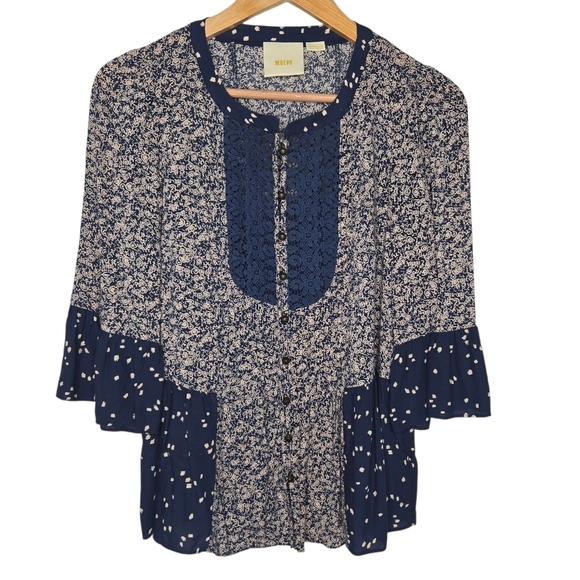 Maeve Anthropologie Hiver Blue Lace Panel 3/4 Boho Flare Sleeve Peasant Blouse 2 - Picture 1 of 9